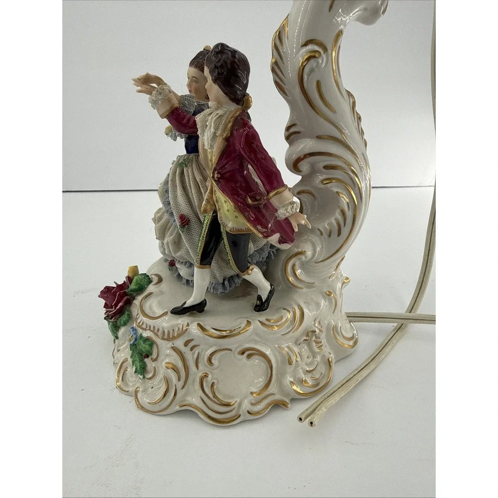 Pair VTG Unterweissbach Germany Porcelain Lace Courting Couple Lamps AS IS